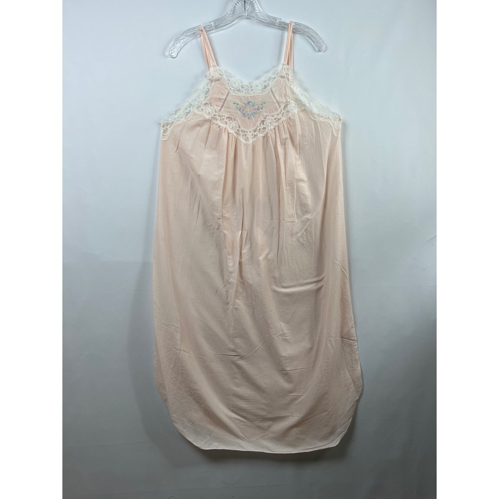 Vintage Barbizon Nightgown Womens Medium Pink Cotton Lace Floral Embroidered